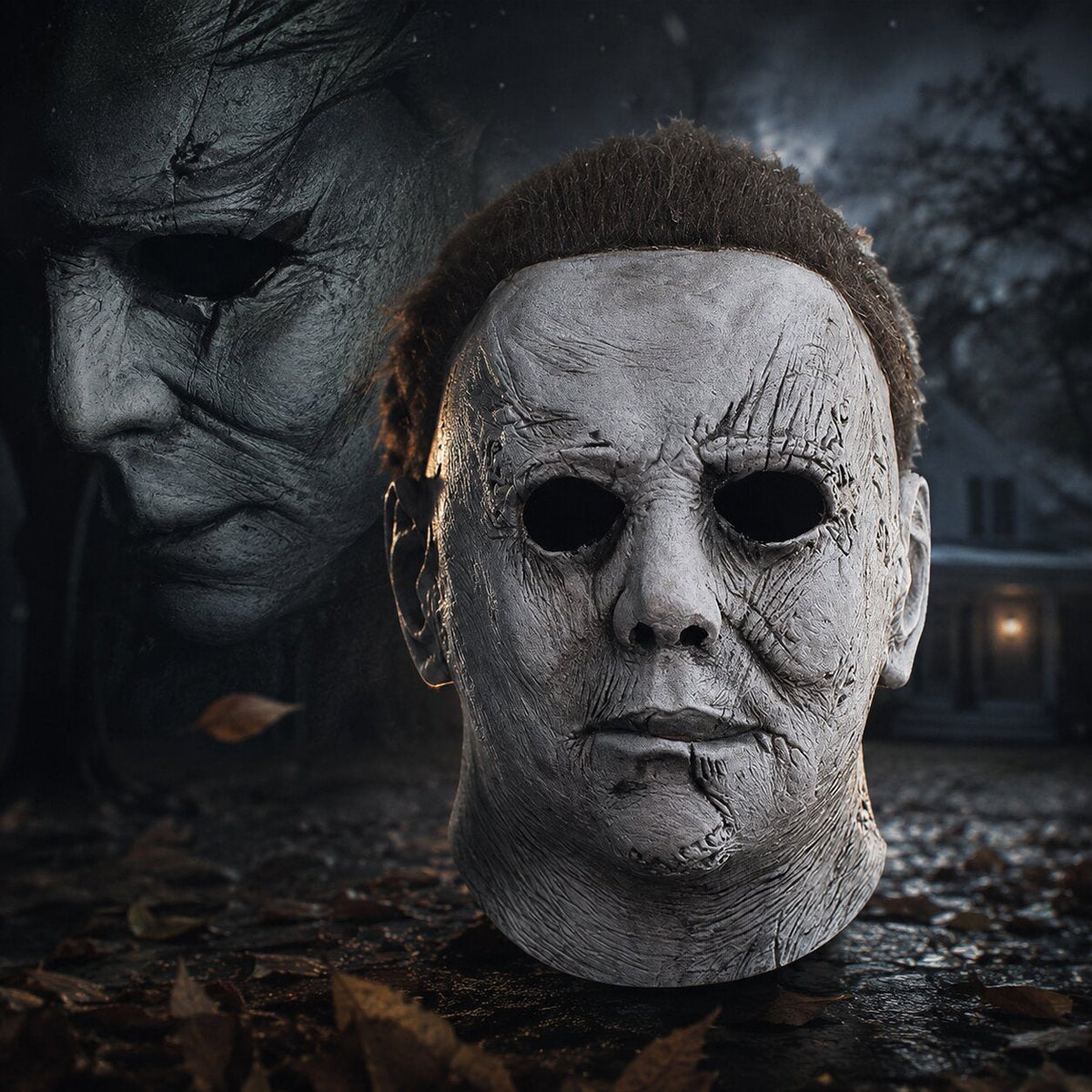 Máscara de Halloween de rostro completo de Michael Myers — cara blanca, cabello castaño, accesorio de disfraz de cosplay de terror