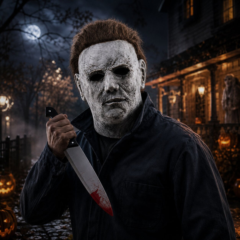 Máscara de Halloween de rostro completo de Michael Myers — cara blanca, cabello castaño, accesorio de disfraz de cosplay de terror