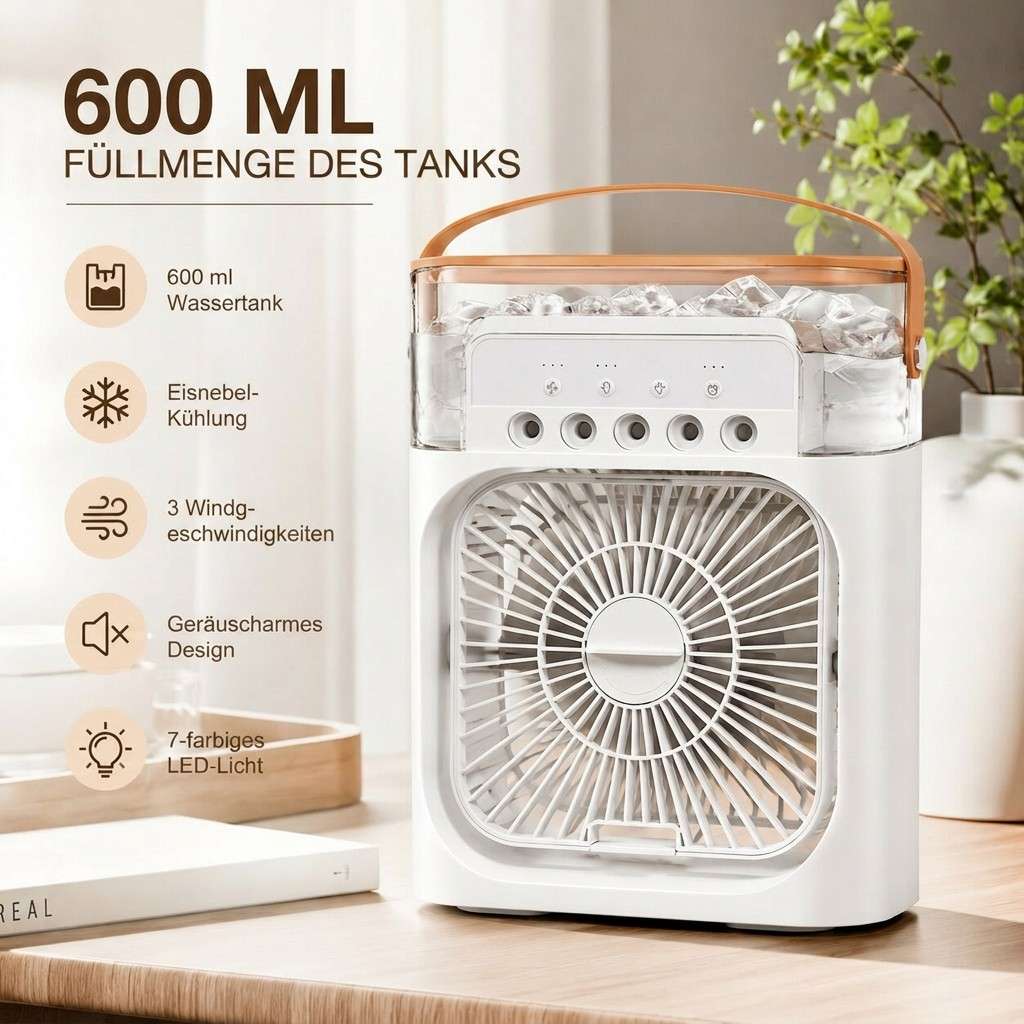 Brisenquell 便携式 USB 冷风机 — 600 ml 水箱，可调风力和喷雾档位