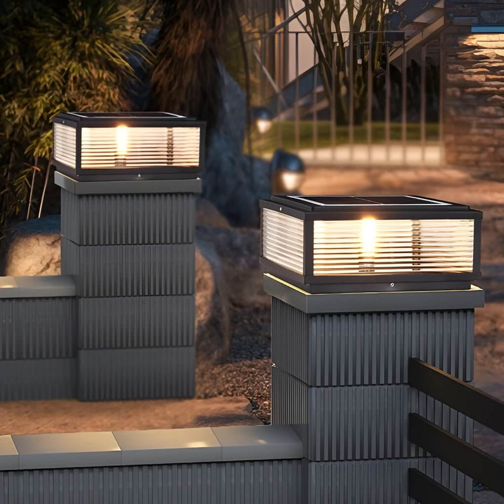 Square Outdoor Pedestal Light With Ribbed Glass And Aluminum Housing