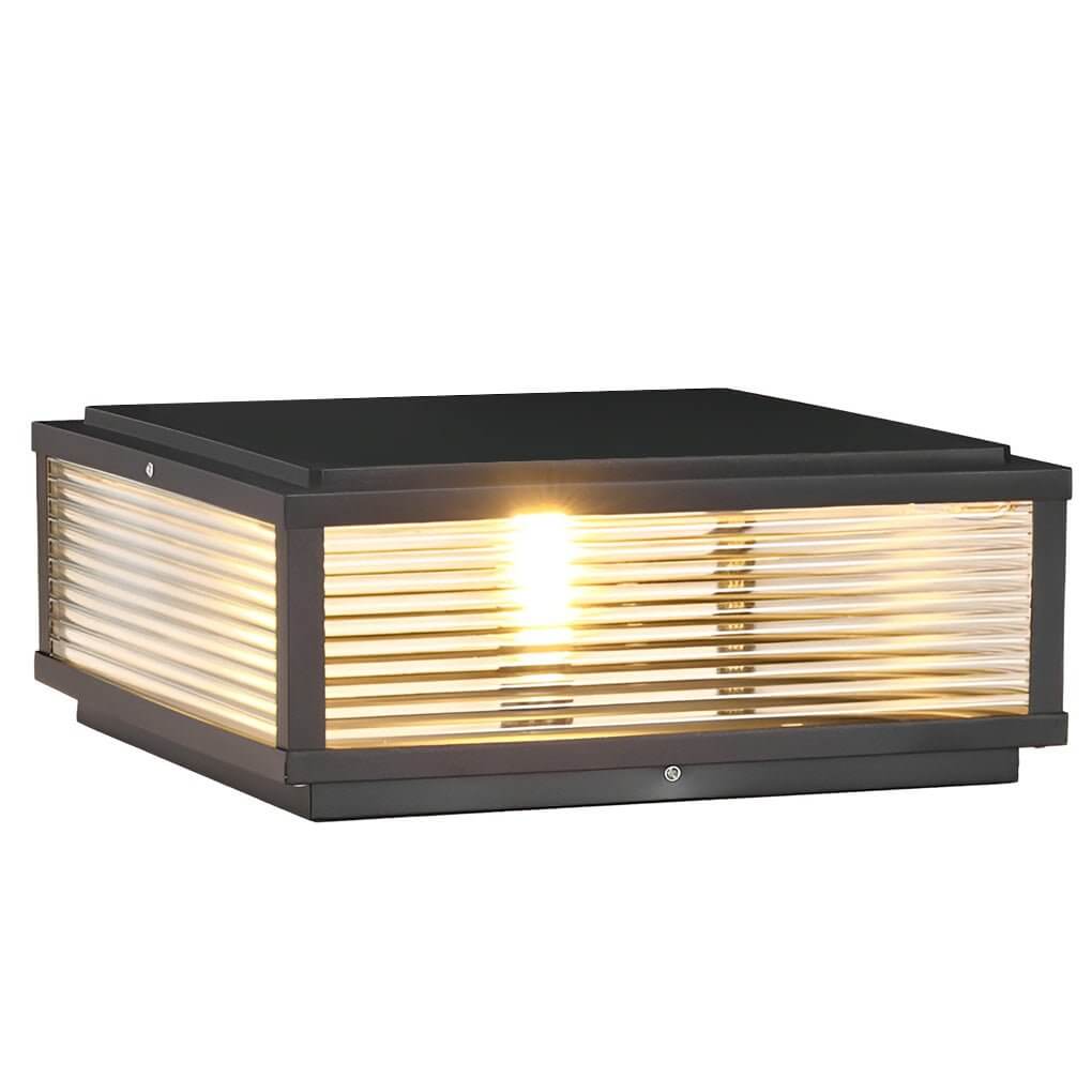 Square Outdoor Pedestal Light With Ribbed Glass And Aluminum Housing
