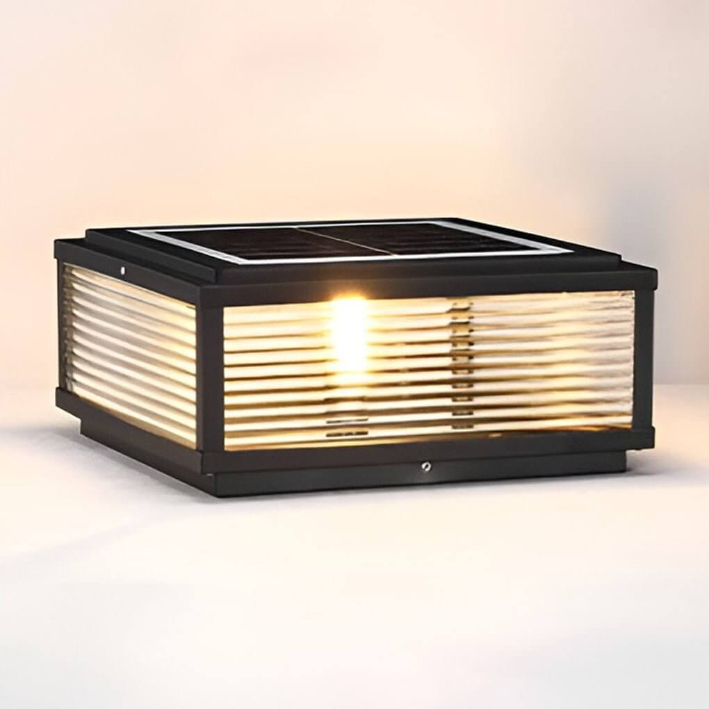 Square Outdoor Pedestal Light With Ribbed Glass And Aluminum Housing