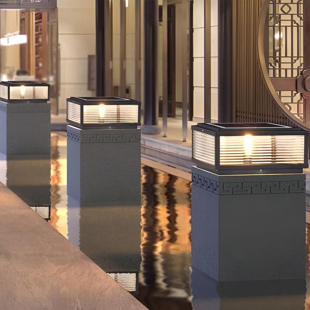 Square Outdoor Pedestal Light With Ribbed Glass And Aluminum Housing