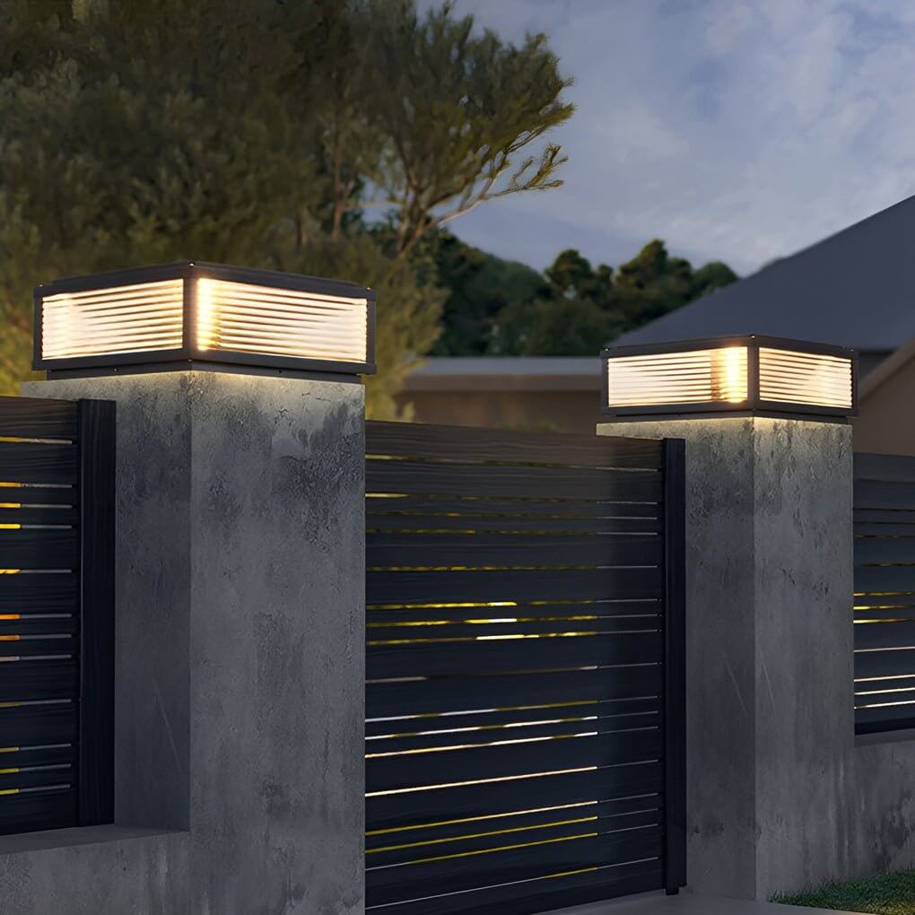 Square Outdoor Pedestal Light With Ribbed Glass And Aluminum Housing