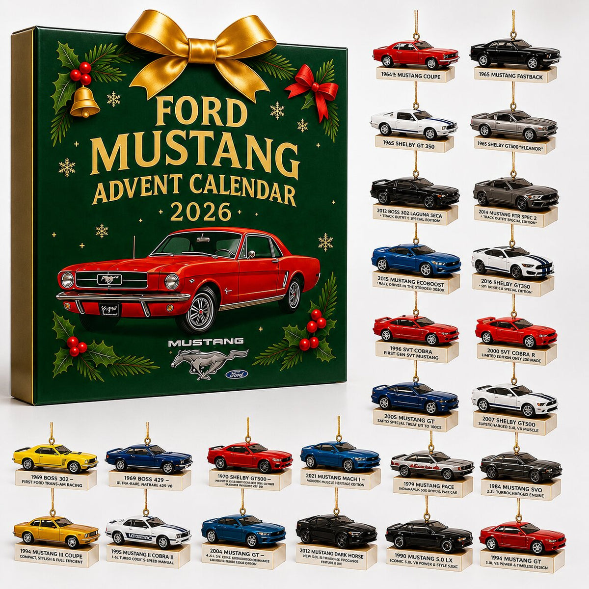 Mustang-julekalender 2026 — overraskelsessamling med bildesign til 24 dage