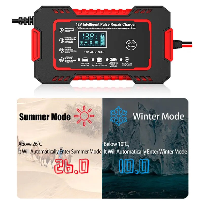 12V 6A Smart Car Battery Charger | Pulse Repair, LCD Screen & Fast Charging for AGM, Gel & Lead-Acid Batteries | Ka-mostore