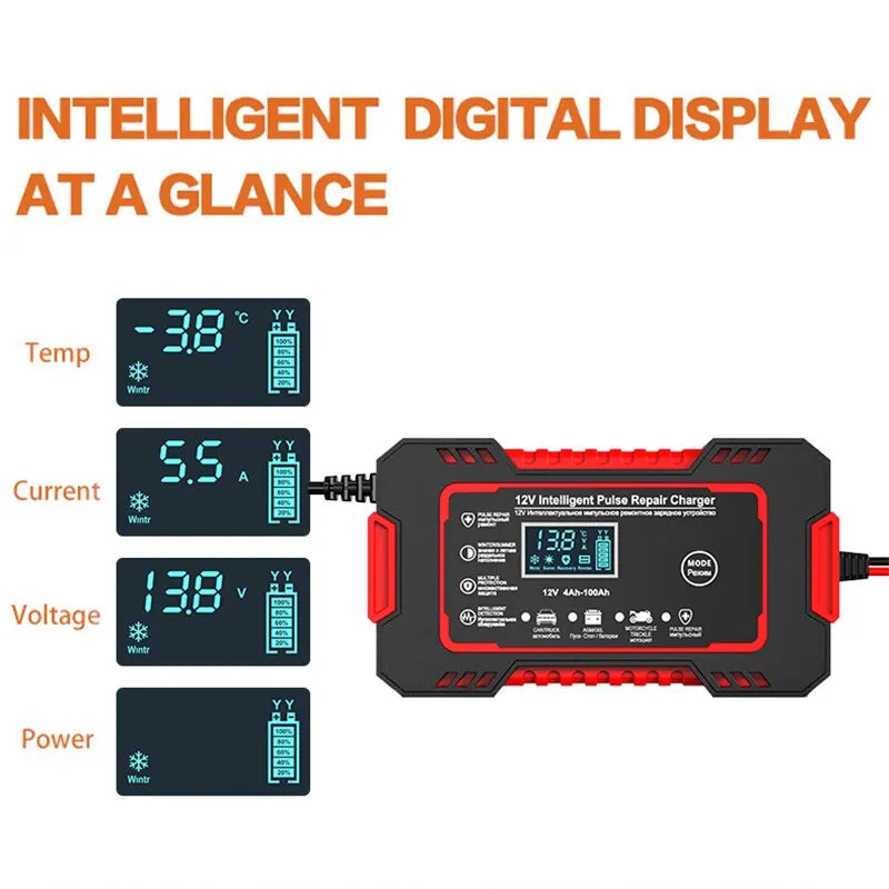 12V 6A Smart Car Battery Charger | Pulse Repair, LCD Screen & Fast Charging for AGM, Gel & Lead-Acid Batteries | Ka-mostore