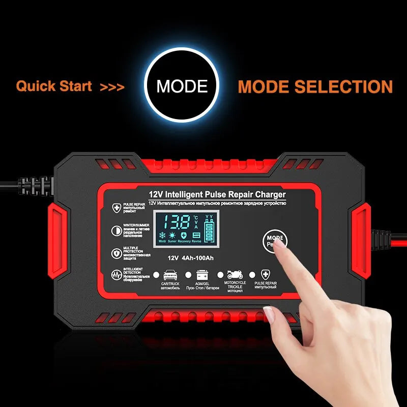 12V 6A Smart Car Battery Charger | Pulse Repair, LCD Screen & Fast Charging for AGM, Gel & Lead-Acid Batteries | Ka-mostore