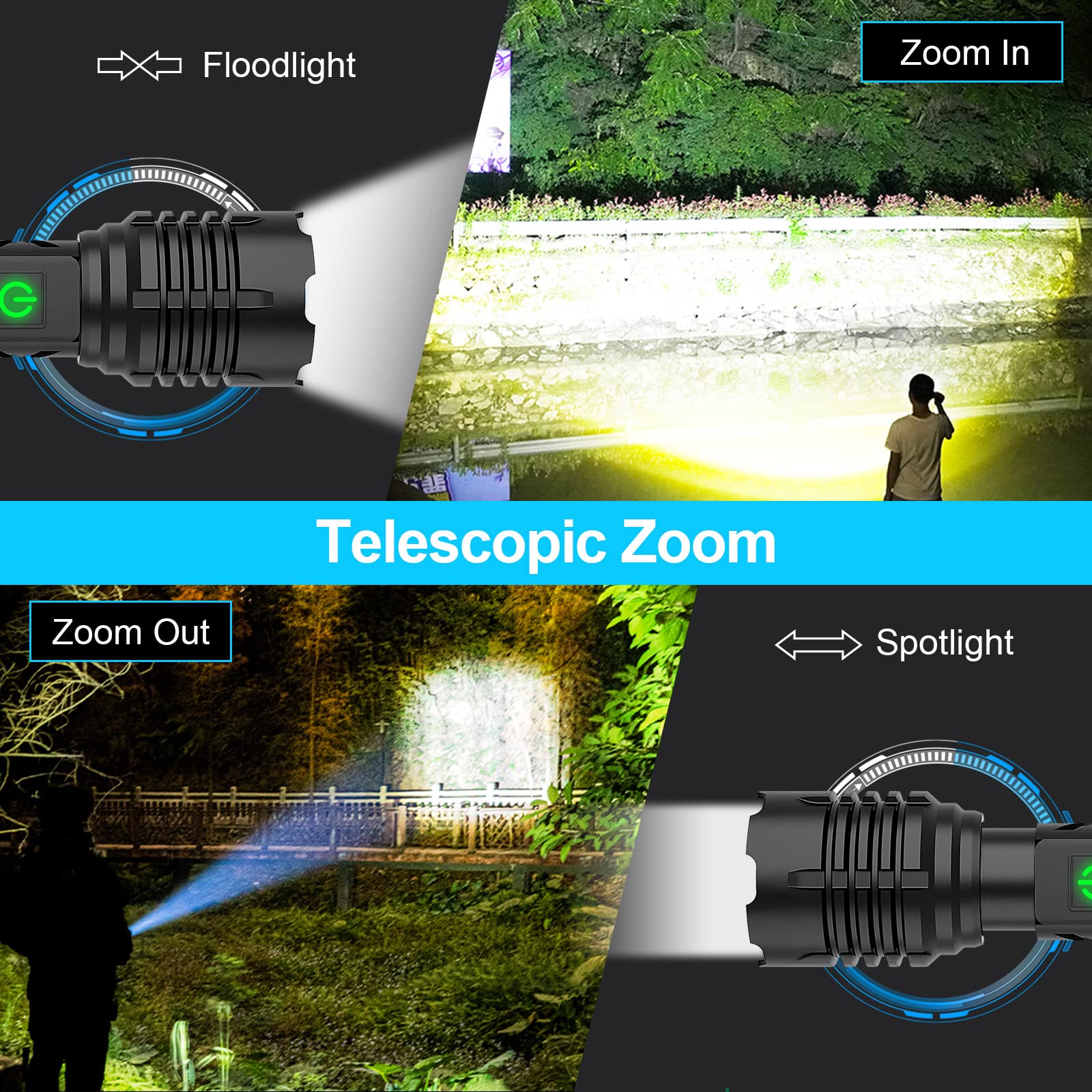 Dobíjecí baterka Banral 100000 lumenů, vodotěsná IPX6, 5 režimů, zoomovatelná, hliníková | Ka-mostore