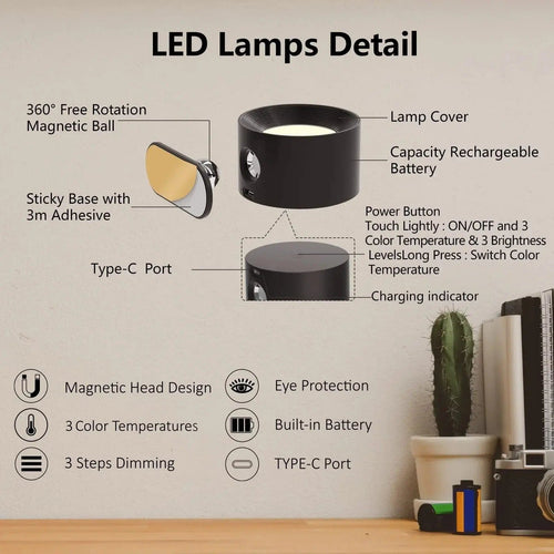 Battery-Powered Wall Lamp | Rechargeable, 360° Adjustable and Wireless for Bedrooms, Hallways, and Reading Nooks | Ka-mostore