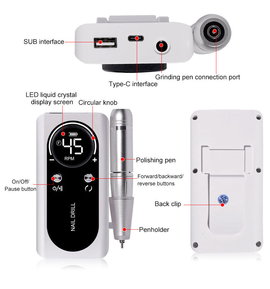 Electric Nail Drill 45000RPM Rechargeable Portable | Ka-mostore