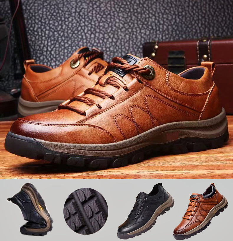 Hand-Stitched Men's Casual Shoes | Genuine Cowhide Leather | Orthopedic Three-Foot Support Design | Non-Slip Rubber Sole | Water-Repellent & Breathable | Black & Brown | Ka-mostore