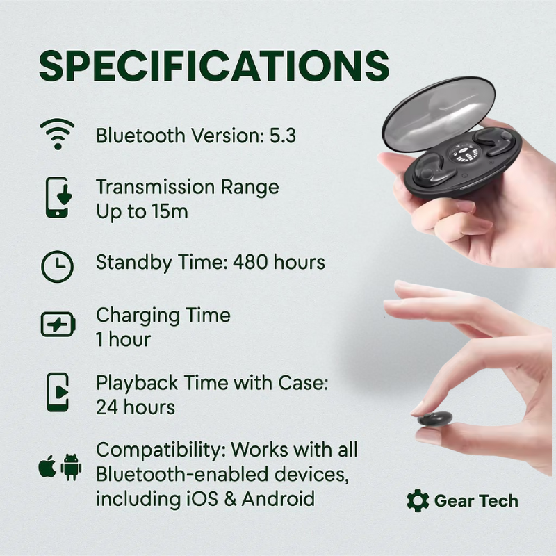 Nenápadná sluchátka Bluetooth 5.3 na spaní | Voděodolná a s dlouhou výdrží baterie | Ka-mostore