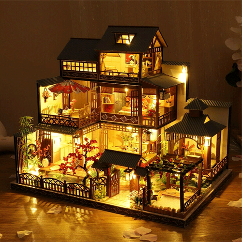 Large Realistic Wooden Dollhouse with LED Lights | DIY Miniature Playhouse | Ka-mostore
