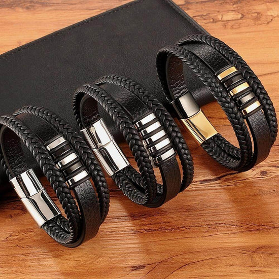 Men's Braided Leather Bracelet with Metal Accents | Ka-mostore