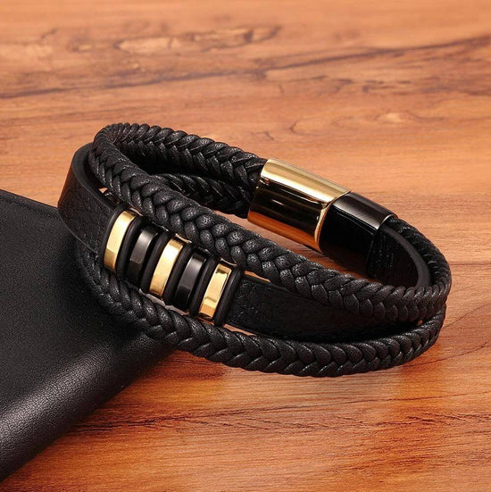 Men's Braided Leather Bracelet with Metal Accents | Ka-mostore