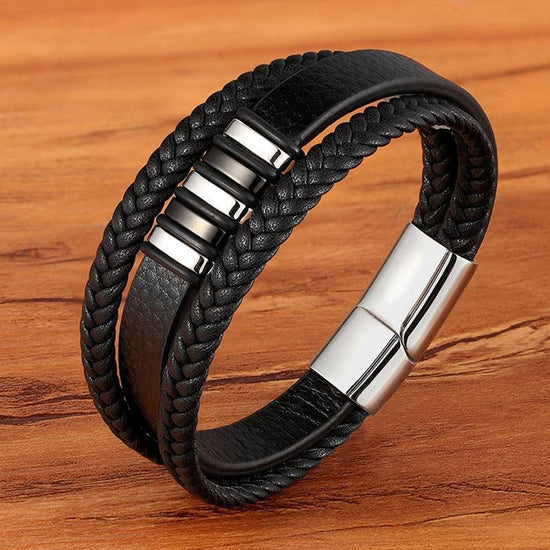 Men's Braided Leather Bracelet with Metal Accents | Ka-mostore