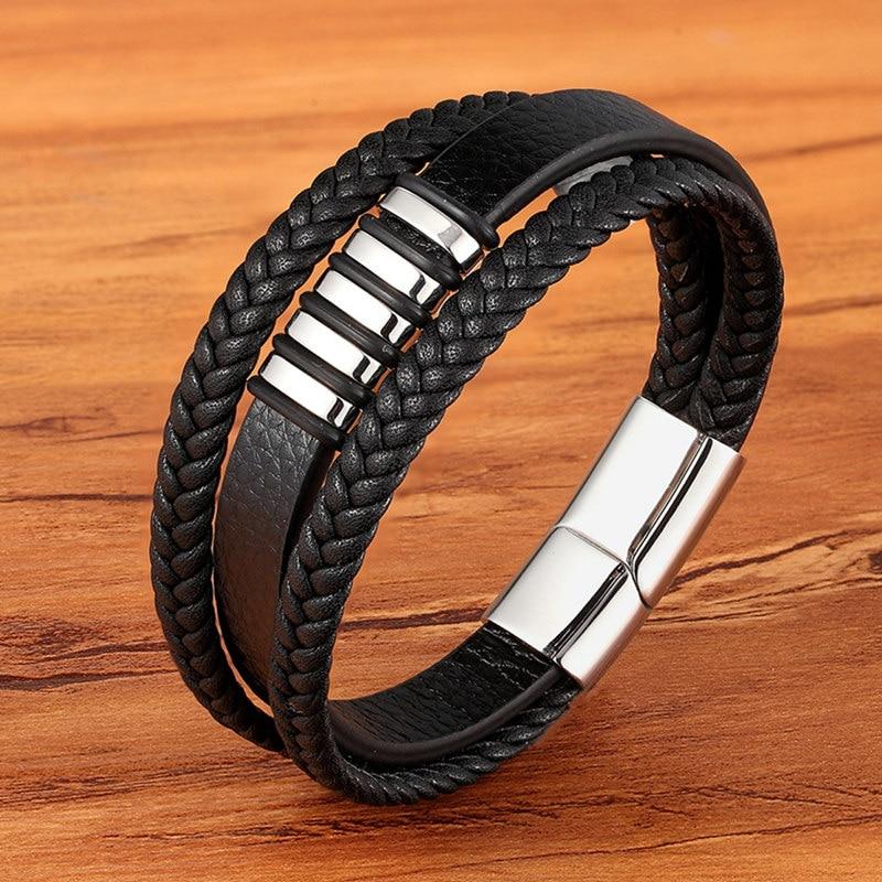 Men's Braided Leather Bracelet with Metal Accents | Ka-mostore