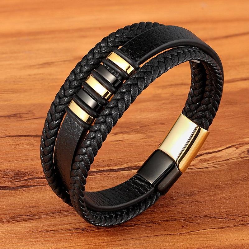 Men's Braided Leather Bracelet with Metal Accents | Ka-mostore