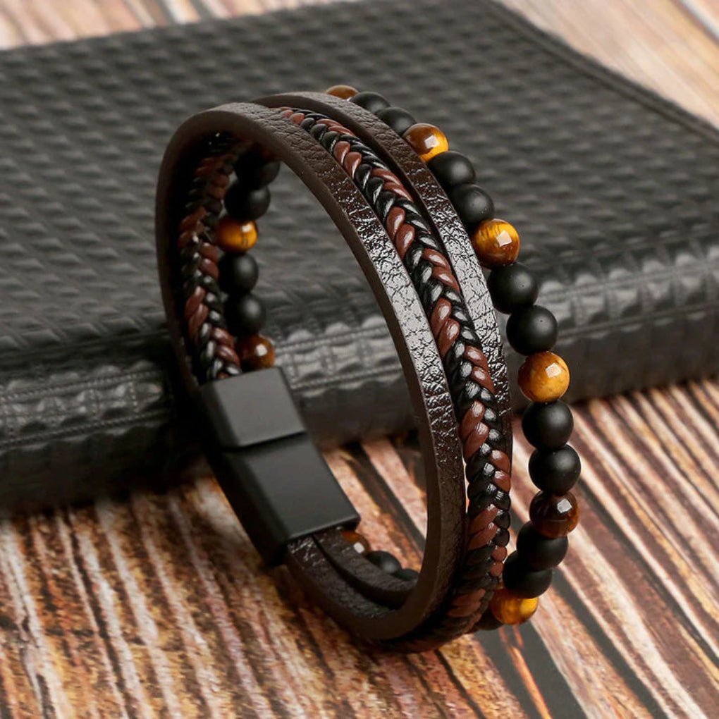 Men's Braided Leather & Stone Magnetic Bracelet | Ka-mostore
