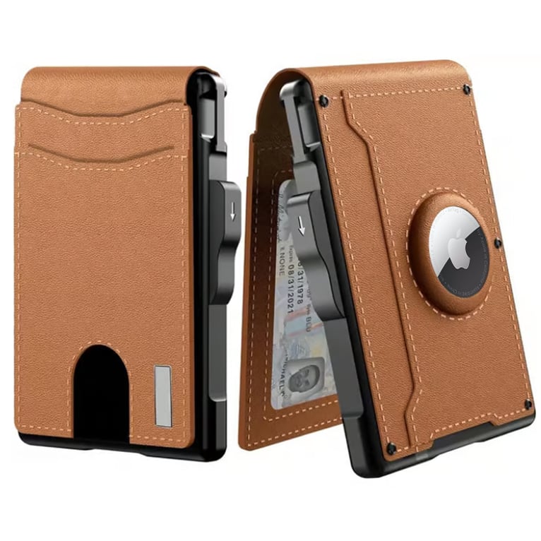 محفظة ثنائية الطيّة بسيطة من الألومنيوم والجلد، بتصميم منبثق، ومشبك نقود، وفتحات للبطاقات، وحامل بطاقات ائتمانية، وحماية من تقنية RFID | Ka-mostore