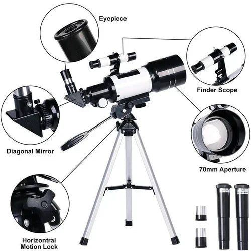 Astronomický dalekohled | Průměr objektivu 70 mm, ohnisková vzdálenost 300 mm, snadné nastavení | Ka-mostore