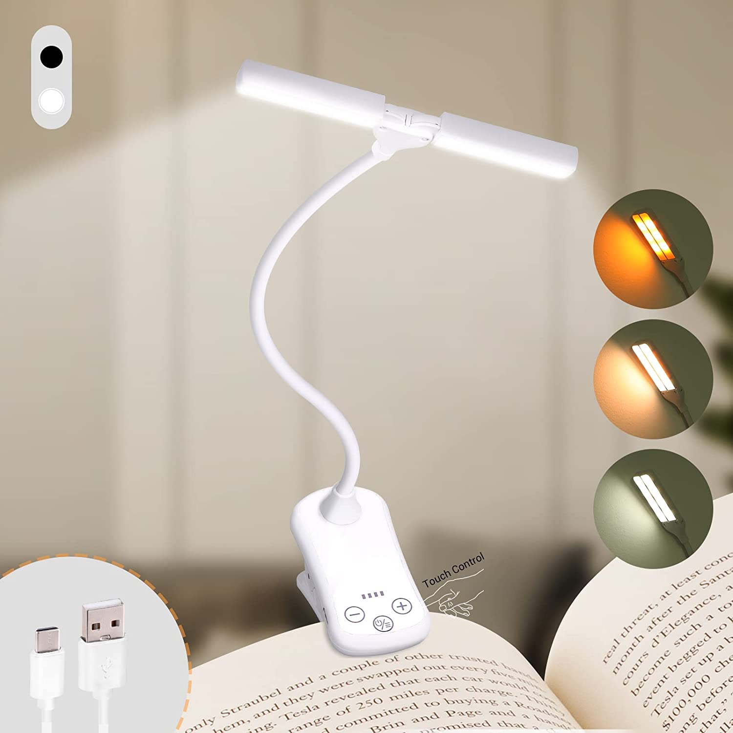 USB Rechargeable Clip-on Book Light with 3 Colors & 8 Brightness Levels | Ka-mostore