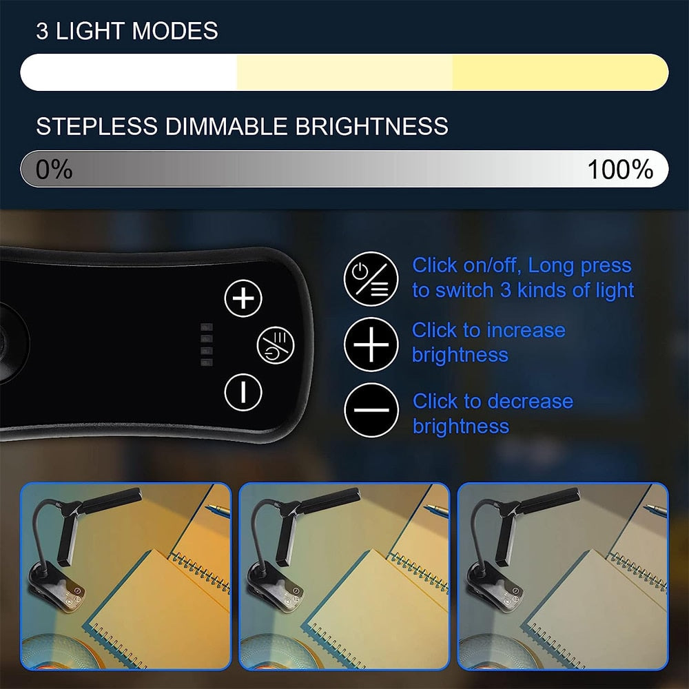 USB Rechargeable Clip-on Book Light with 3 Colors & 8 Brightness Levels | Ka-mostore