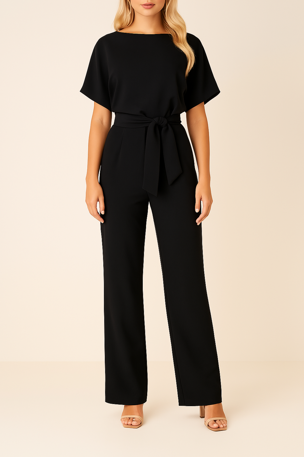 Vyötärövyöllinen leveälahkeinen jumpsuit tyylikkäällä siluetilla | Ka-mostore