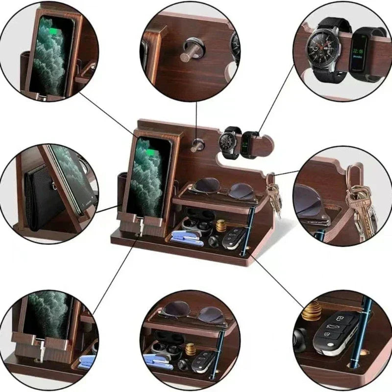 Wooden Nightstand Phone Docking Station – Multifunctional Shelf for Wallet, Watch, and Storage, Ideal for Valentine's Day | Ka-mostore