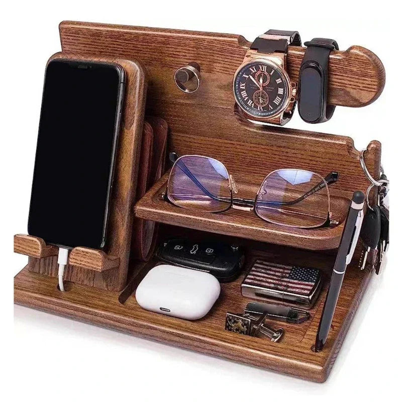 Wooden Nightstand Phone Docking Station – Multifunctional Shelf for Wallet, Watch, and Storage, Ideal for Valentine's Day | Ka-mostore
