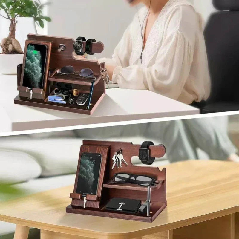 Wooden Nightstand Phone Docking Station – Multifunctional Shelf for Wallet, Watch, and Storage, Ideal for Valentine's Day | Ka-mostore