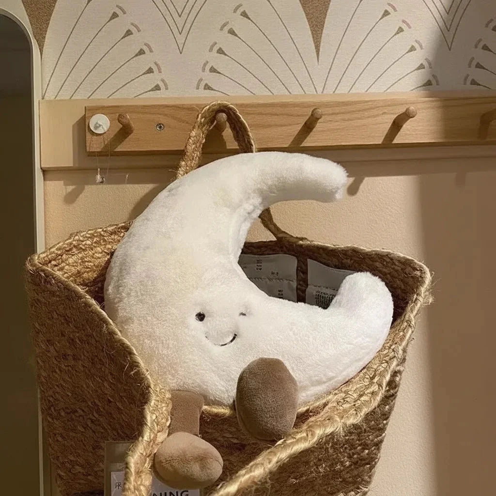Coussin en peluche Lune et Soleil avec visage sympathique — Modèle Lune avec jambes pendantes, 33 ou 48 cm