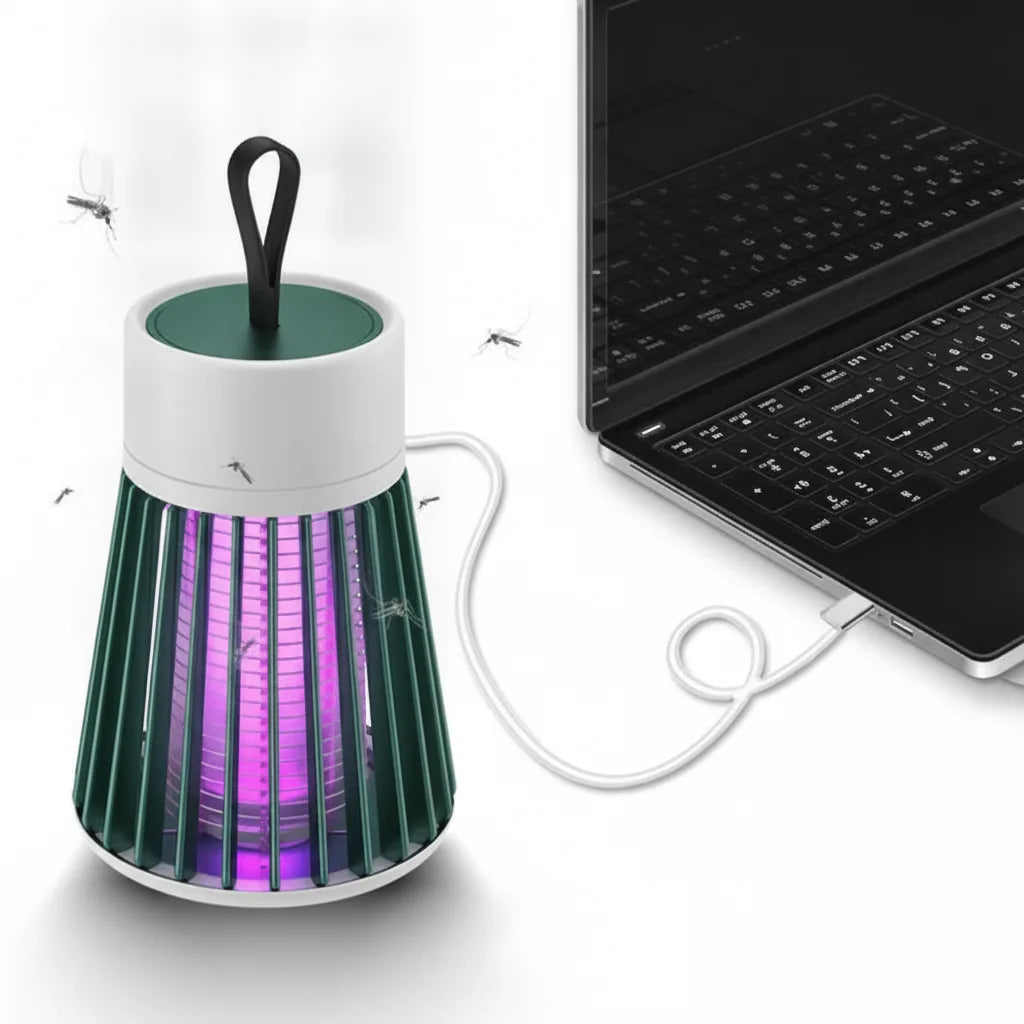 Armadilha elétrica UV para mosquitos — ventoinha de sucção de ar a 360°, bateria USB recarregável, menos de 30 dB, até 50 m²