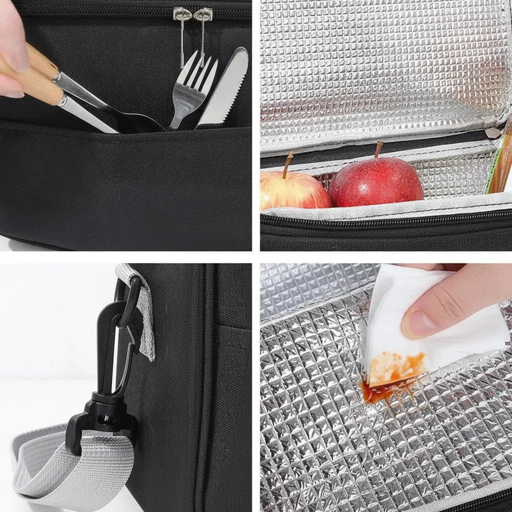 Sac à déjeuner isotherme — Poignée de transport, bandoulière amovible, compartiment principal à double fermeture éclair