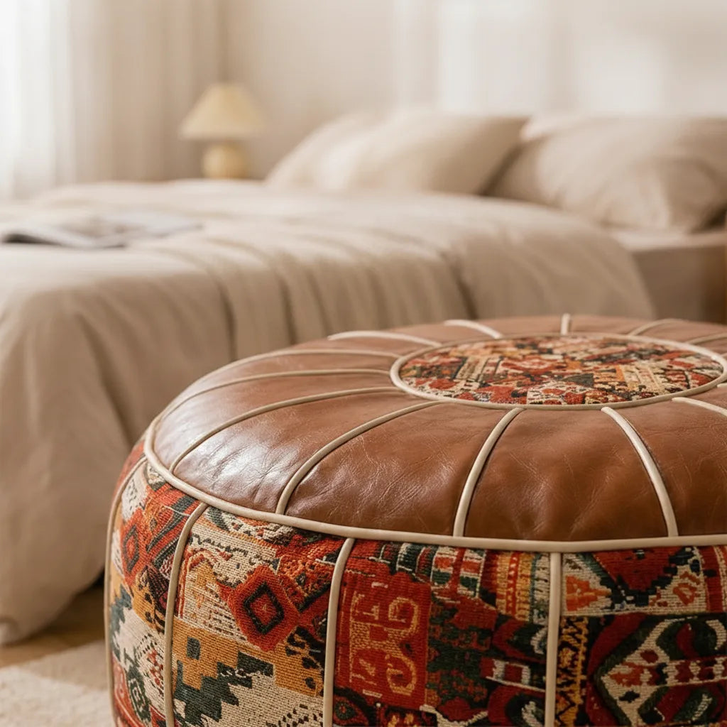 Taburet z umělé kůže s patchworkovým vzorem kilim — bohémský sedák s úložným prostorem