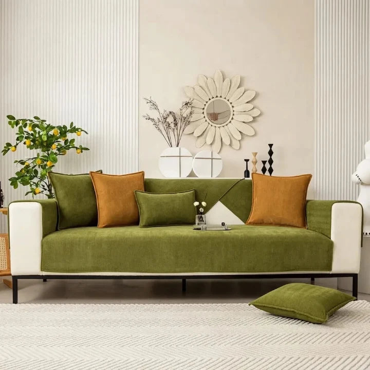 Copertura per divano in ciniglia con motivo a spina di pesce — Retro antiscivolo, 9 misure, design facile da applicare