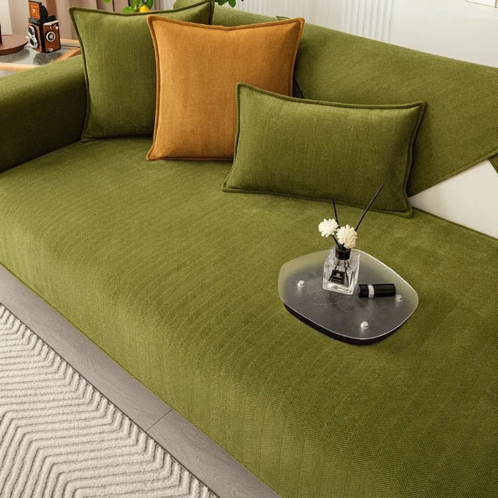 Copertura per divano in ciniglia con motivo a spina di pesce — Retro antiscivolo, 9 misure, design facile da applicare