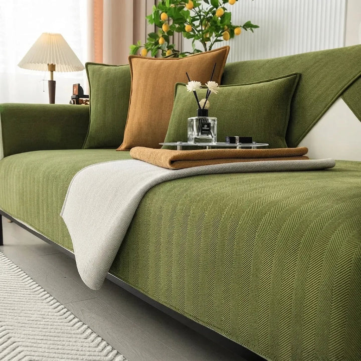 Copertura per divano in ciniglia con motivo a spina di pesce — Retro antiscivolo, 9 misure, design facile da applicare