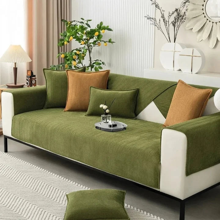 Copertura per divano in ciniglia con motivo a spina di pesce — Retro antiscivolo, 9 misure, design facile da applicare