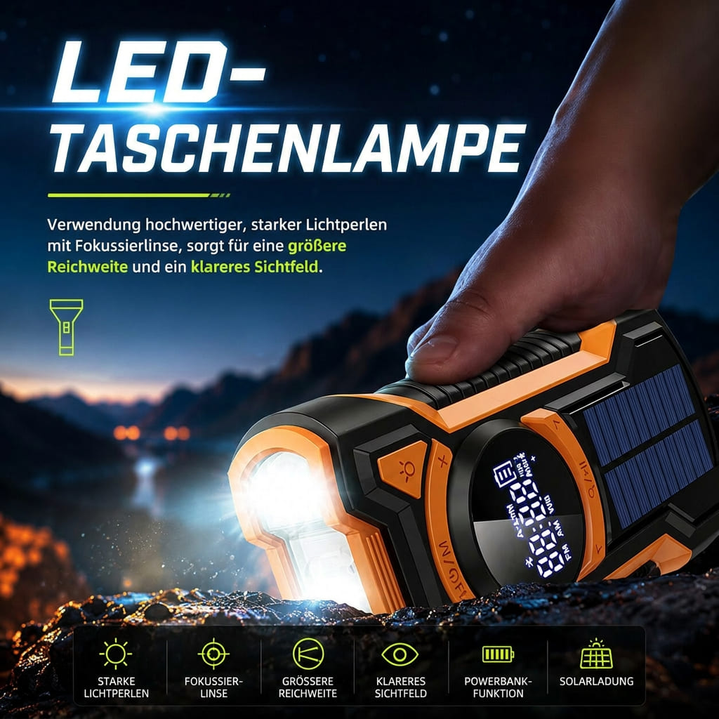 Crisis Radio radio awaryjne — tuner AM/FM, korbka i ładowanie solarne, lampa LED, powerbank do telefonu
