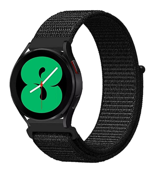سوار Samsung Galaxy Watch 4 مقاس 40mm من النايلون الأسود — إغلاق فيلكرو قابل للتعديل، وملمس منسوج ناعم