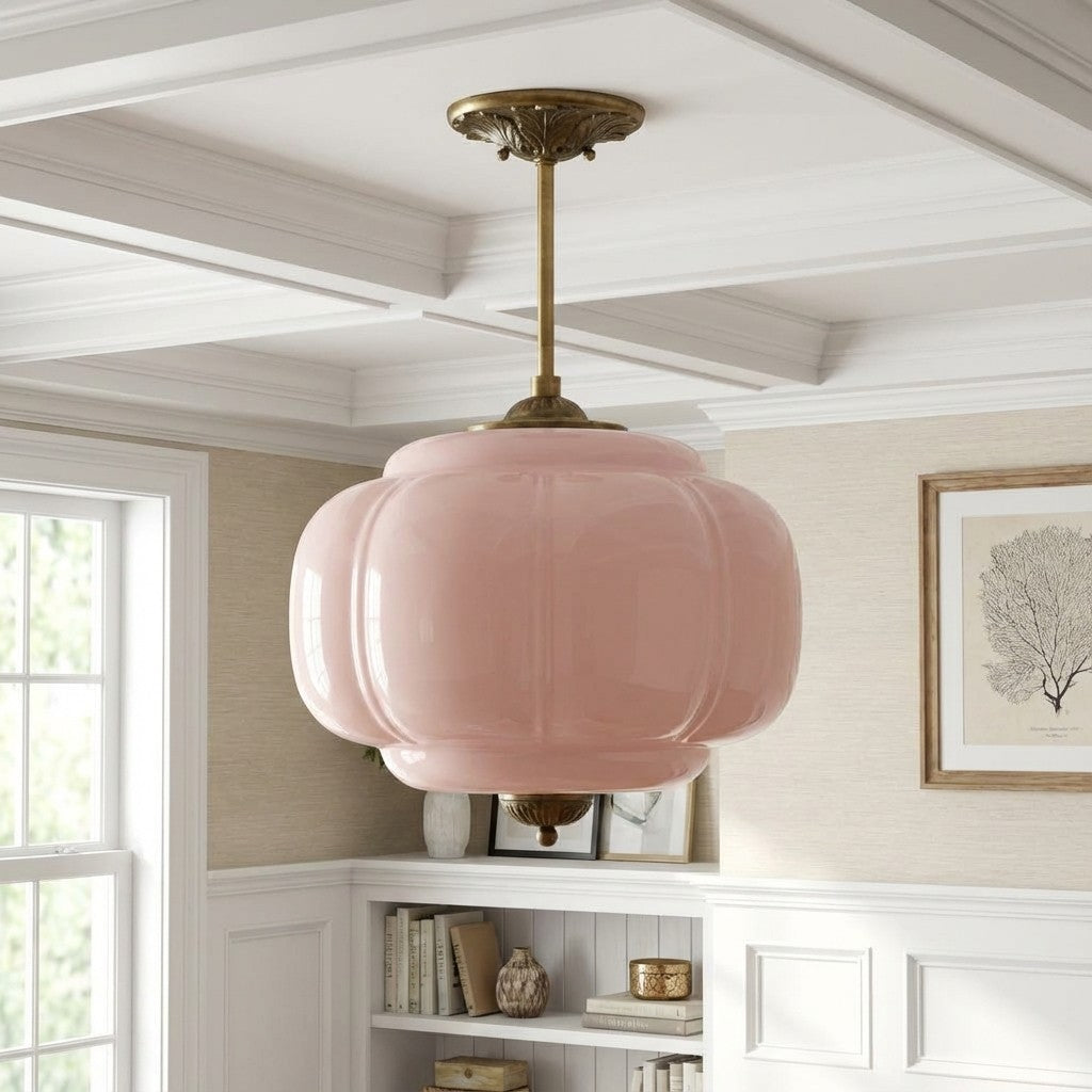 Vintage Milk Glass Ceiling Light With Fluted Rim White Pink Green Matte Glass Brass Black