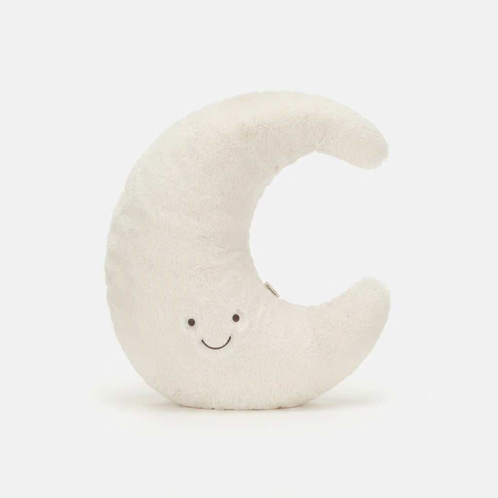 Coussin en peluche Lune et Soleil avec visage sympathique — Modèle Lune avec jambes pendantes, 33 ou 48 cm