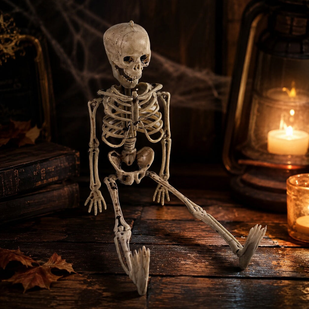 Decoración de esqueleto articulado para Halloween - articulaciones móviles para crear exhibiciones personalizadas, sentado o de pie