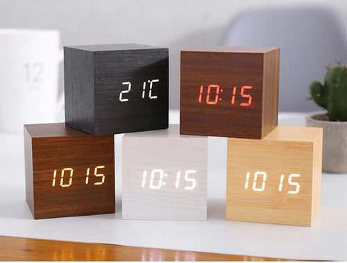 Black LED Cube Alarm Clock With Wood Finish, Temperature, Snooze, Sound Activation