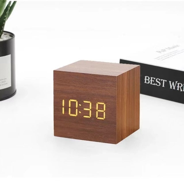 Black LED Cube Alarm Clock With Wood Finish, Temperature, Snooze, Sound Activation