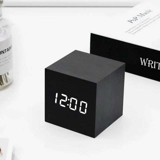 Black LED Cube Alarm Clock With Wood Finish, Temperature, Snooze, Sound Activation
