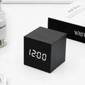 Black LED Cube Alarm Clock With Wood Finish, Temperature, Snooze, Sound Activation