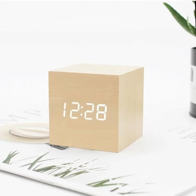 Black LED Cube Alarm Clock With Wood Finish, Temperature, Snooze, Sound Activation